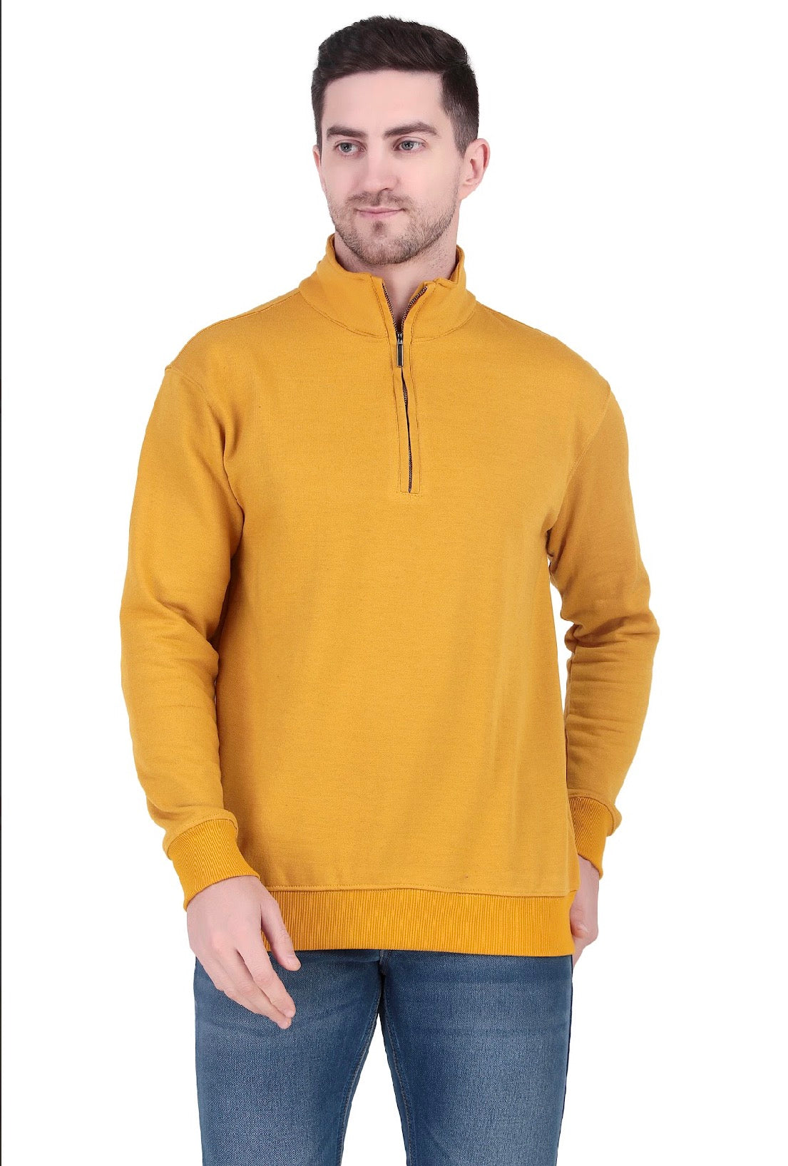 Mustard Yellow Half-Zip Sweatshirt.
