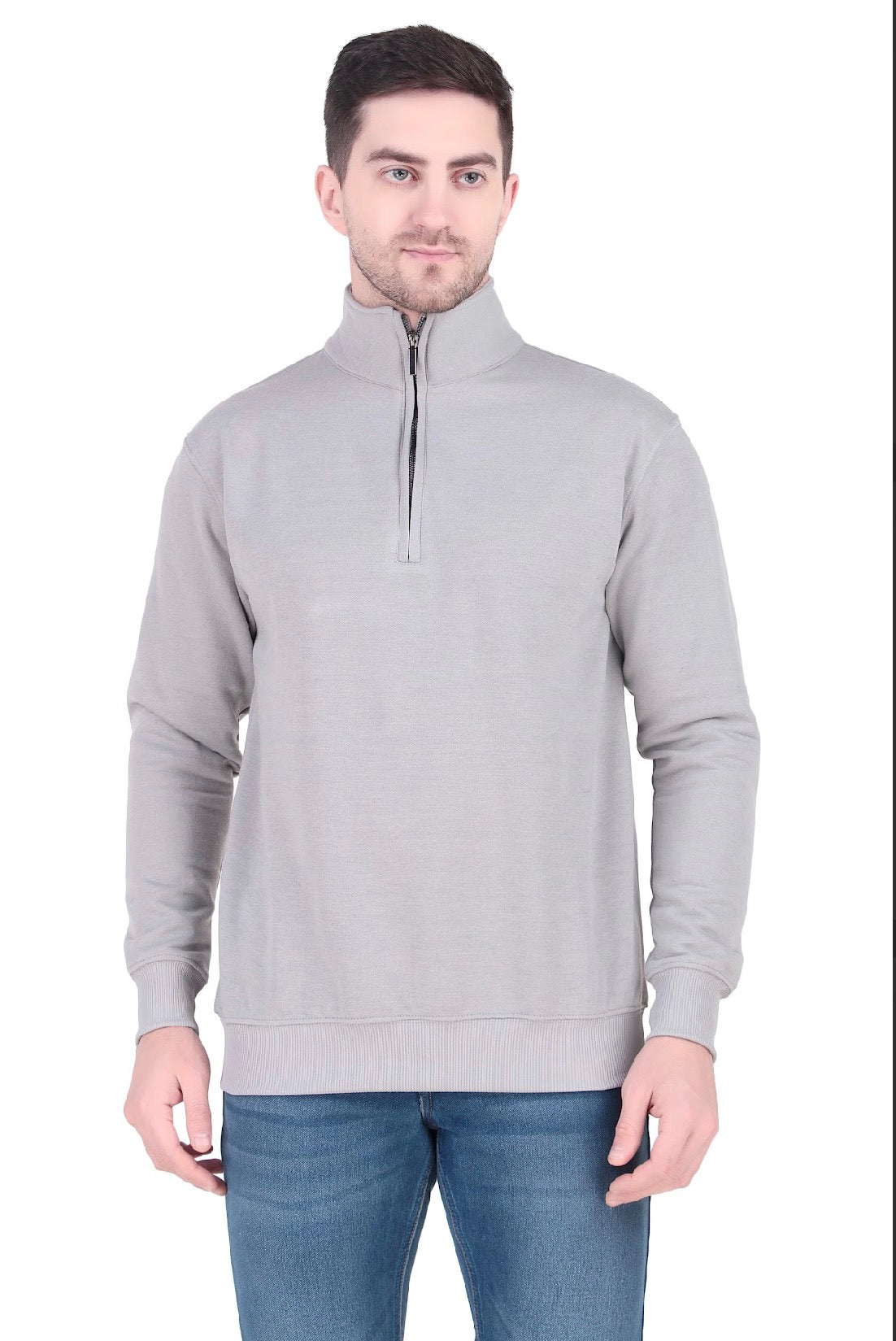 Grey Half-Zip Sweatshirt.